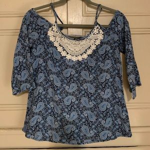 Blue print off the shoulder blouse w/ lace front.